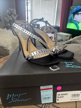 Betsey Johnson  Asher Black Strappy Rhinestone Evening Heels